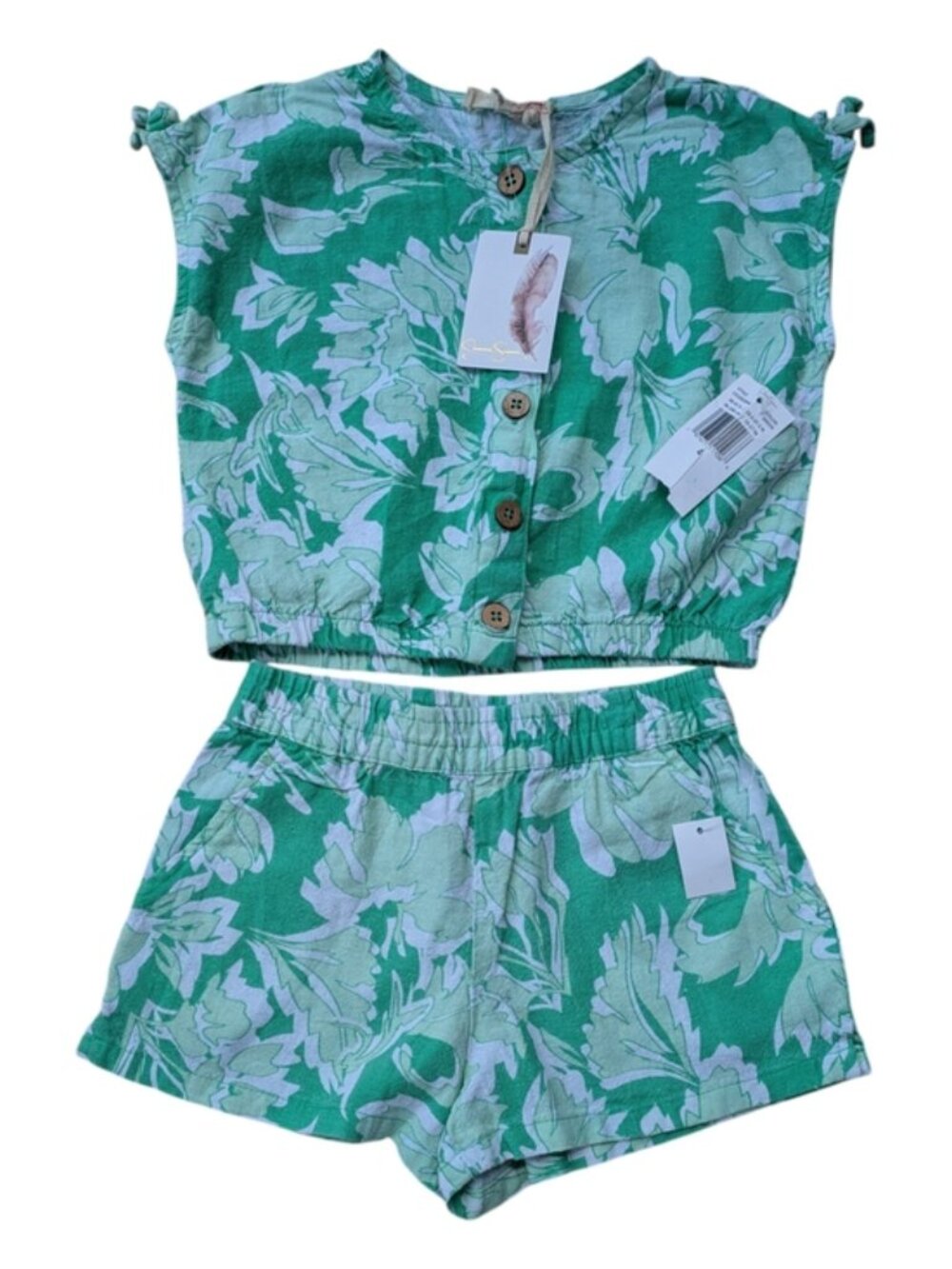 NWT Jessica Simpson Tropical Floral‎ 2 Piece Linen Blend Set Green Size 4